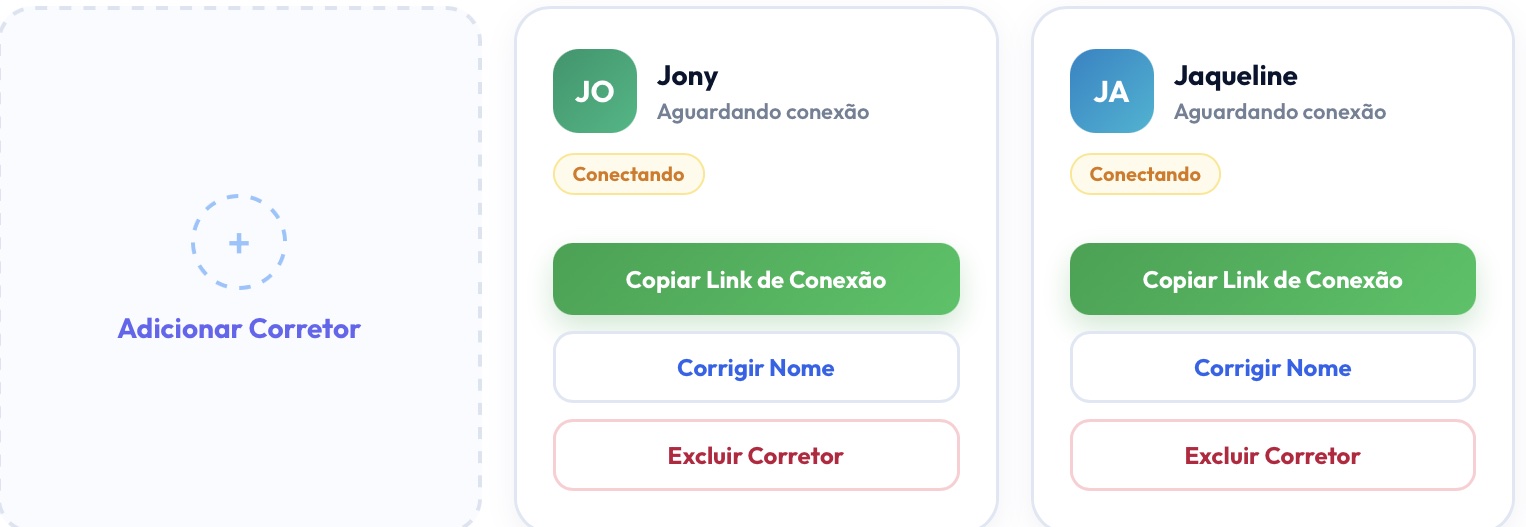 Tela de gestão de corretores do Memorax com cartões de conexão por link seguro