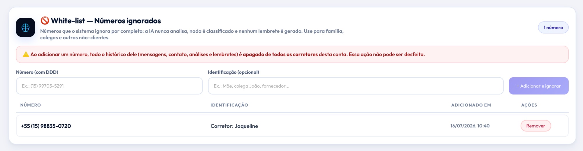 Tela de white-list do Memorax para números que a IA nunca analisa